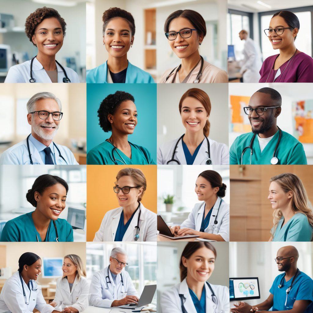 A collage showcasing a diverse group of patients engaging with advanced health technology, such as telemedicine screens, wearable health devices, and AI support apps. Include a serene hospital environment that symbolizes wellness and care, with warm colors and soft lighting. People of various ages and backgrounds should be smiling and interacting with healthcare professionals, emphasizing collaboration and innovation. super-realistic. vibrant colors. soft focus.