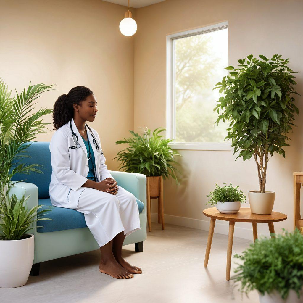 A serene, inviting healthcare setting featuring a compassionate healthcare provider interacting warmly with a patient. Include symbols of wellness like plants, soft lighting, and calming colors to evoke a sense of tranquility and support. Illustrate diverse individuals to represent inclusivity in healthcare. Overlay gentle flowing lines to symbolize compassion and connection. vibrant colors. super-realistic.