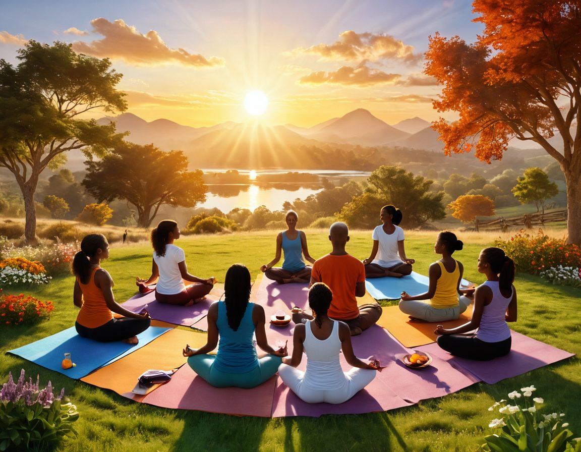 A warm and inviting scene depicting diverse individuals engaging in various health and wellness activities, such as yoga, cooking healthy meals, and participating in community support groups. The background features a bright sun rising over a peaceful landscape symbolizing hope and empowerment. Add soft, comforting colors to evoke a sense of compassion and wellbeing. 3D. vibrant colors. warm tones.